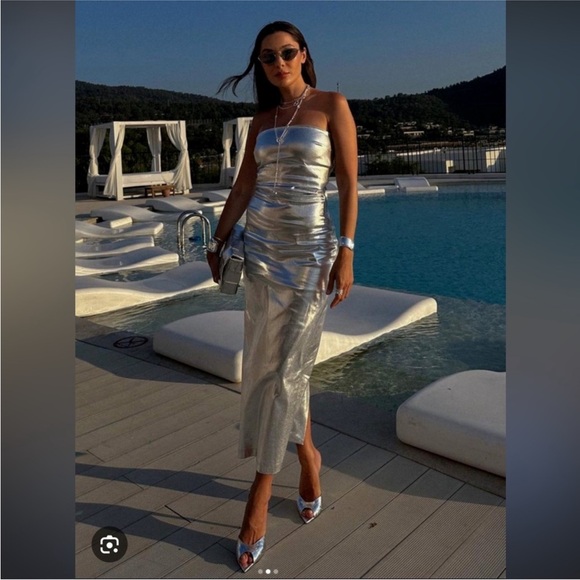 Zara The Fitted Denim bodycon silver midi dress sz.XS - Picture 12 of 16